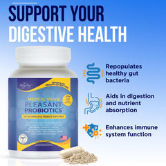 Probiotic formula visuals emphasizing gut health benefits.