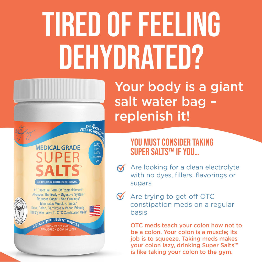 Dr. Liz Cruz Super Salts on the kitchen counter with bottle and water