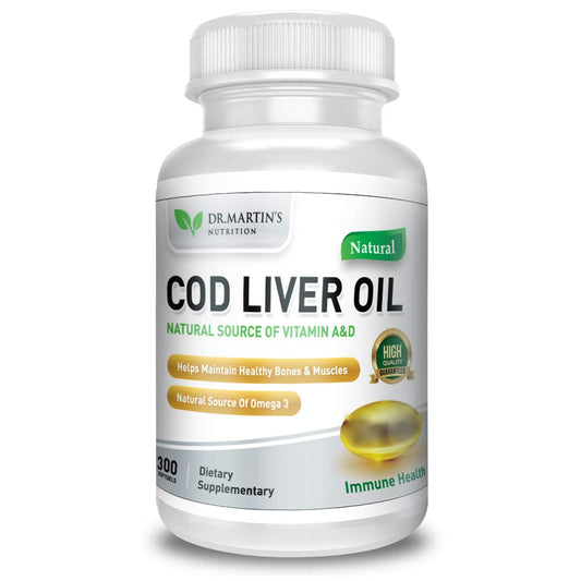 DR. MARTIN'S NUTRITION cod liver oil bottle for daily omega-3 support.