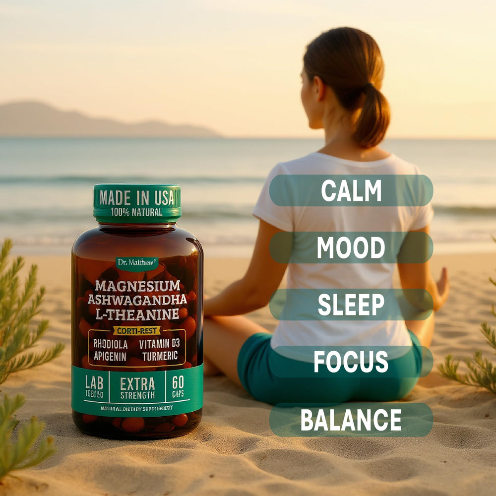 Dr. Matthew CortiRest capsules close-up suggesting balanced energy without jitters.