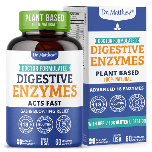 Dr. Matthew digestive enzymes bottle label highlights 18 enzymes for smoother digestion.