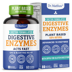 Dr. Matthew digestive enzymes bottle label highlights 18 enzymes for smoother digestion.