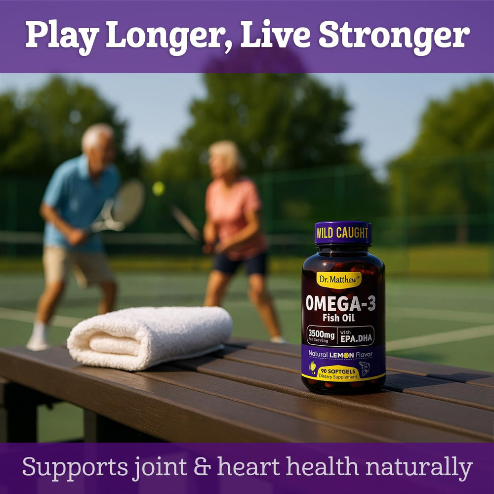 Non-GMO, preservative-free formula of Dr. Matthew Omega-3 in a bottle.