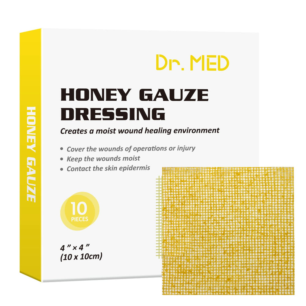 Dr. Med honey gauze dressing 4x4 box; sterile packaging supports clean wound care.