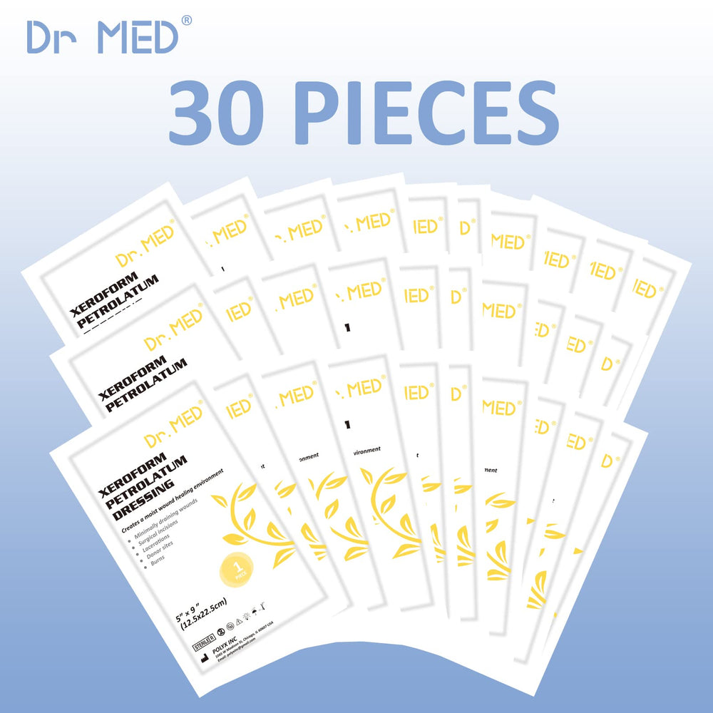 Dr. Med Xeroform patch label and box with sizing information