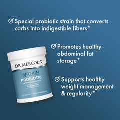 Dr. Mercola Biothin Probiotic packaging emphasizes GMO-free, gluten-free, and soy-free attributes.
