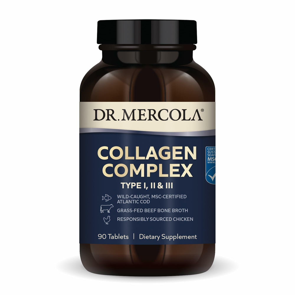 Dr. Mercola Collagen Complex bottle displaying multi-source formula for skin and connective tissue support.