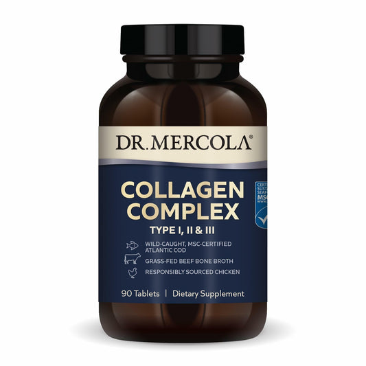 Dr. Mercola Collagen Complex bottle displaying multi-source formula for skin and connective tissue support.