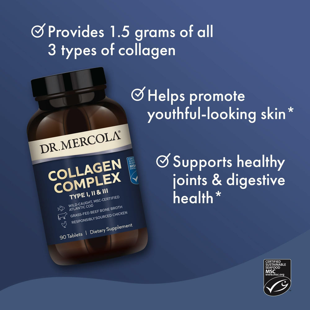Dr. Mercola Collagen Complex label highlighting non-GMO and gluten-free ingredients.