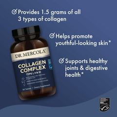 Dr. Mercola Collagen Complex label highlighting non-GMO and gluten-free ingredients.