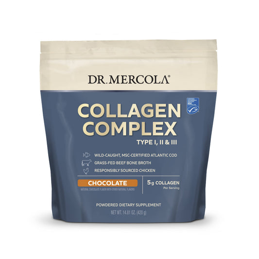 Dr. Mercola Collagen Complex Powder tub front view for daily skin and joint support.