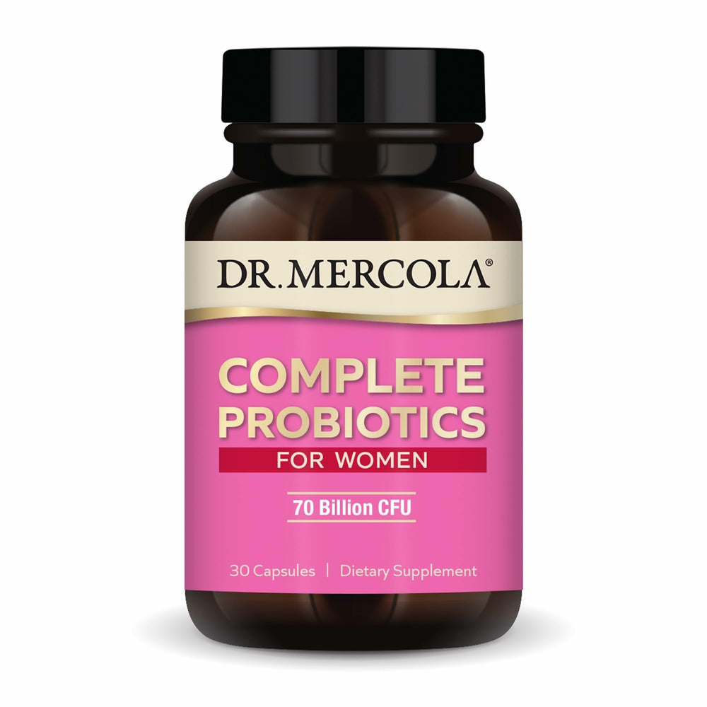 Dr. Mercola Complete Probiotics for Women bottle pour promotes simple daily use for gut balance.
