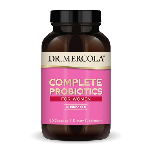 Dr. Mercola Complete Probiotics for Women bottle with capsules supporting gut balance.