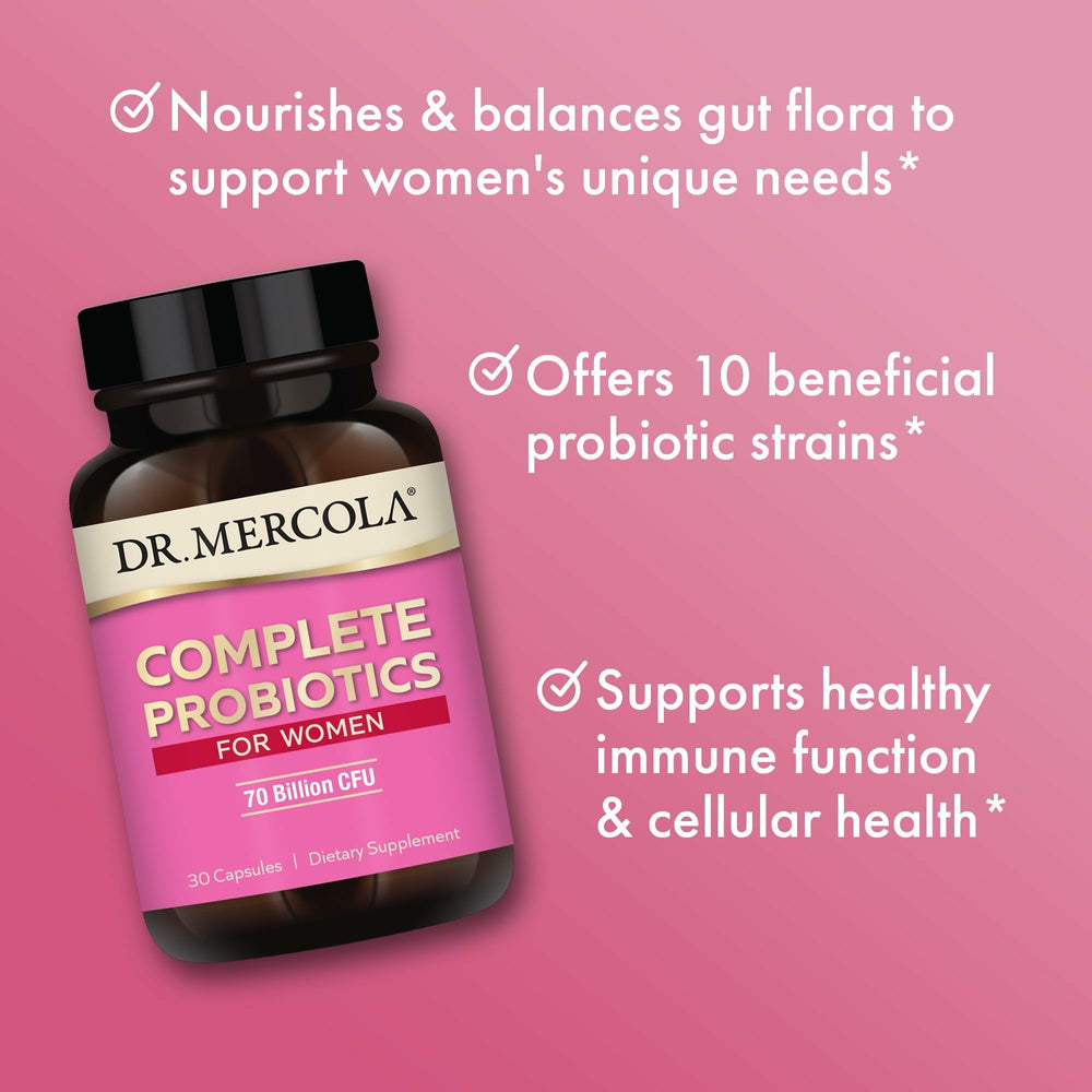 Dr. Mercola Complete Probiotics for Women ingredients list highlights seven dominant Lactobacilli for gut health.