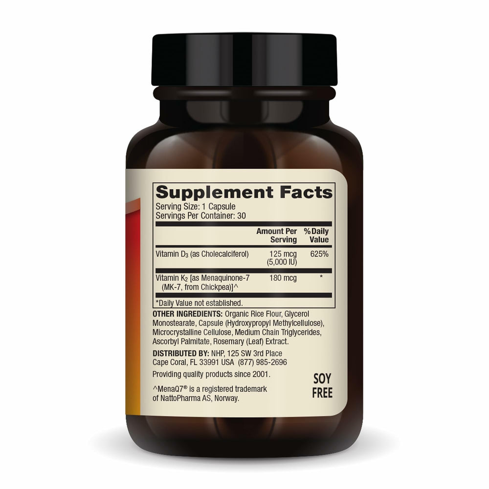 Closeup of D3 & K2 capsules emphasizing high-potency 5,000 IU D3 and 180 mcg K2.