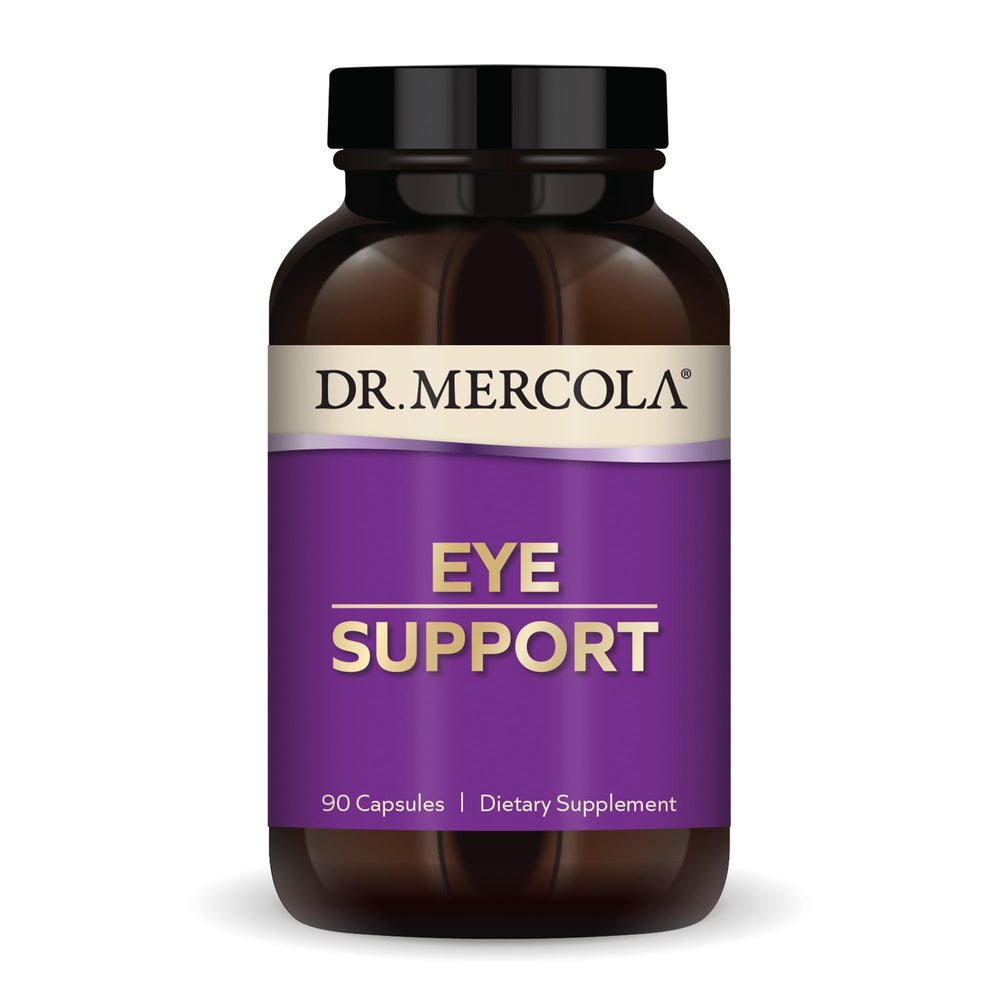 Dr. Mercola Eye Support bottle closeup highlighting the eye nutrition formula