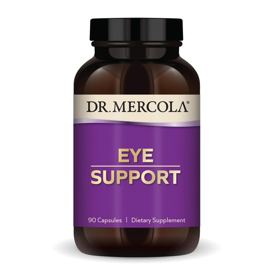 Dr. Mercola Eye Support bottle closeup highlighting the eye nutrition formula