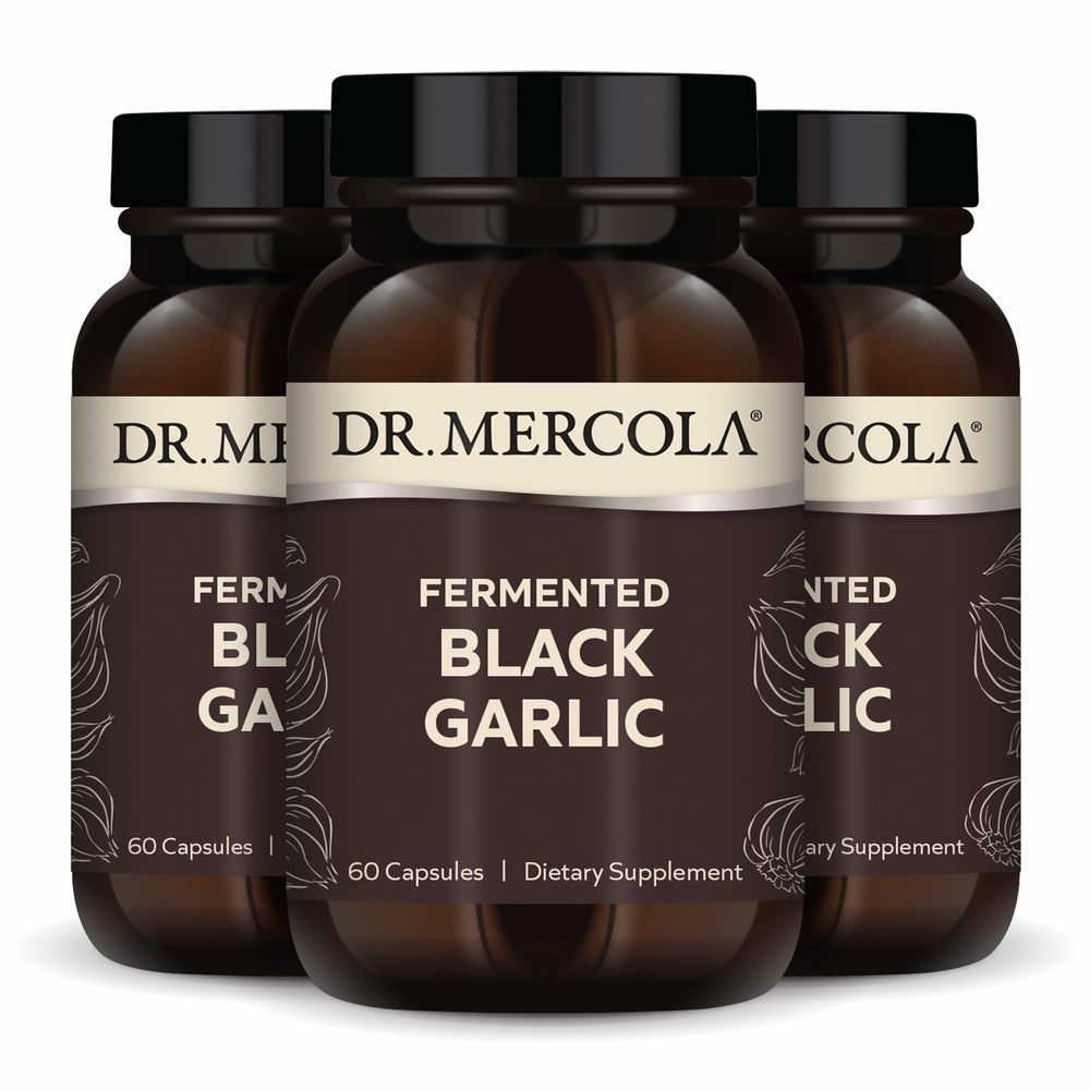 Dr. Mercola Fermented Black Garlic bottle, non-GMO formula with immune support potential.