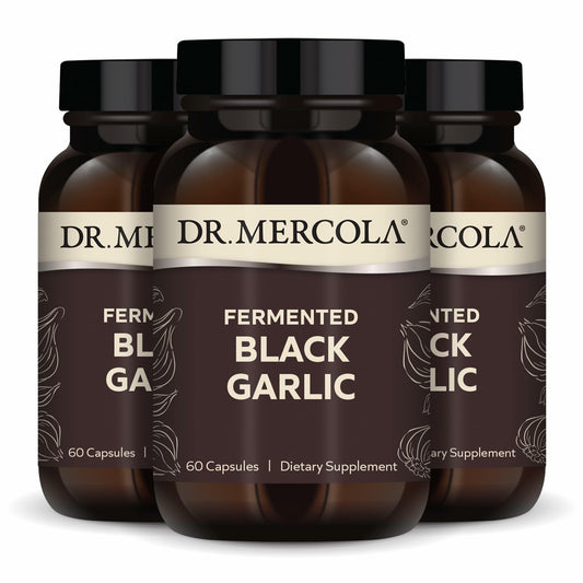 Dr. Mercola Fermented Black Garlic bottle, non-GMO formula with immune support potential.