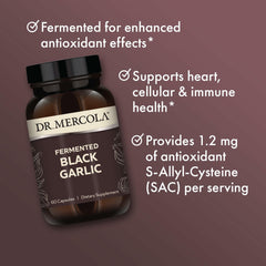 Dr. Mercola Fermented Black Garlic label detail emphasizing quality standards.