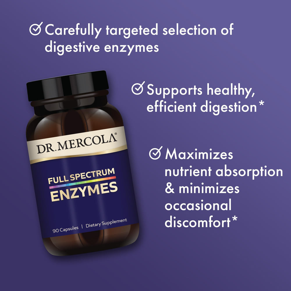 Dr. Mercola Full Spectrum Enzymes packaging box displayed for easy meal-time use.