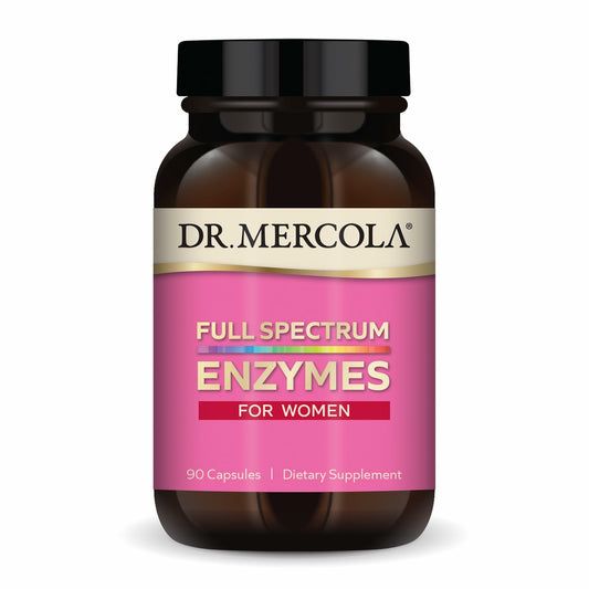 Dr. Mercola Full Spectrum Enzymes for Women bottle supports digestion and nutrient absorption.