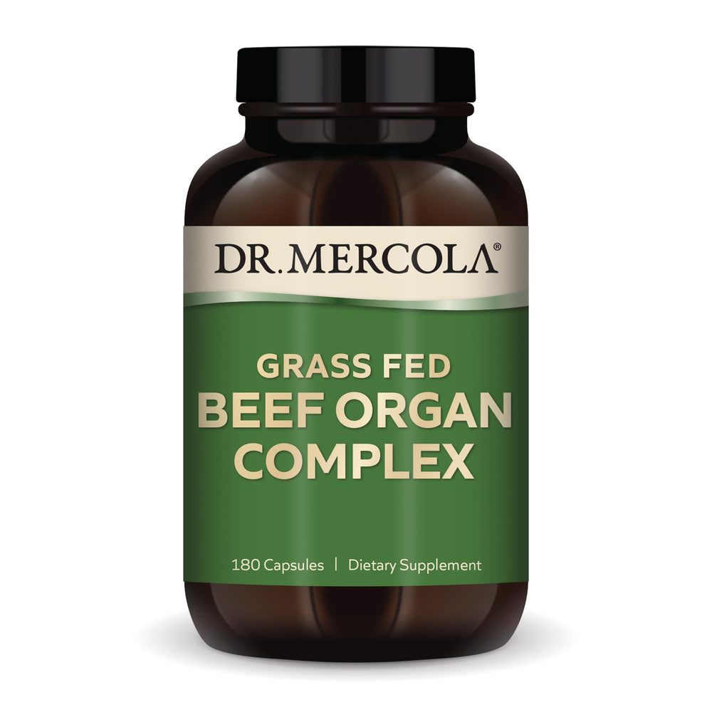 Dr. Mercola Grass Fed Beef Organ Complex bottle with a five-organ blend for daily vitality.