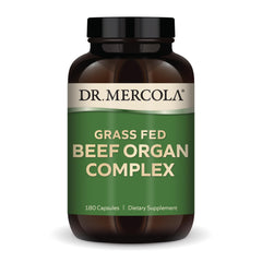 Dr. Mercola Grass Fed Beef Organ Complex bottle with a five-organ blend for daily vitality.