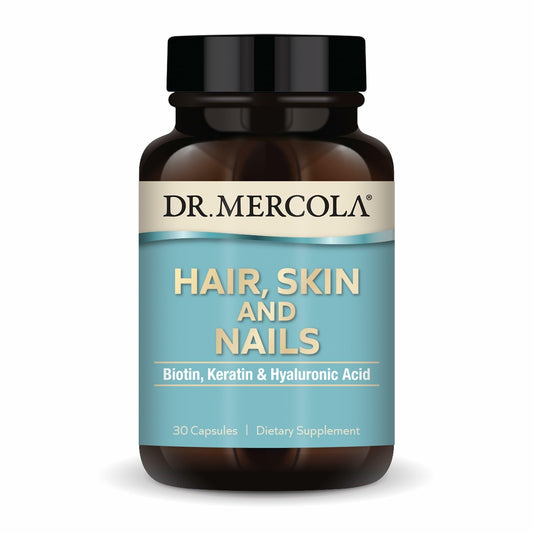 Dr. Mercola Hair, Skin and Nails bottle front highlights premium capsules for daily wellness.