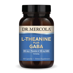 Dr. Mercola L-Theanine Plus GABA bottle front view highlighting calm focus.