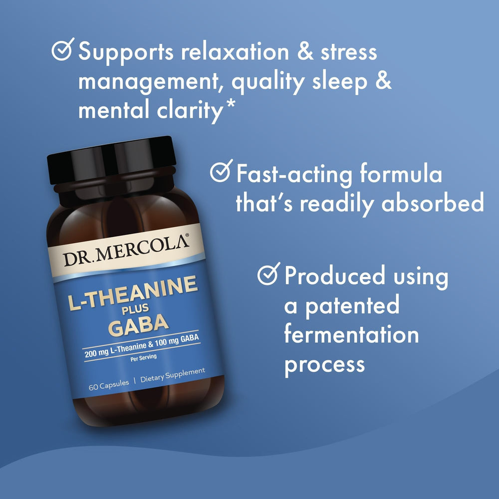Label close-up of Dr. Mercola L-Theanine Plus GABA emphasizing non-GMO formula.