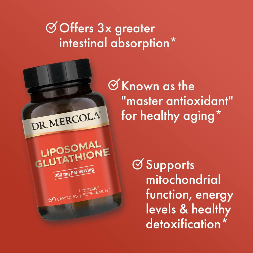 Dr. Mercola Liposomal Glutathione capsule closeup showing 350 mg per serving