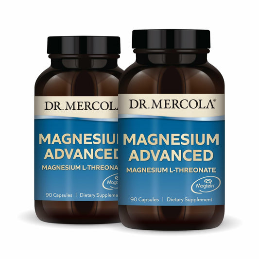 Dr. Mercola Magnesium Advanced bottle pour illustrating easy dosing for daily brain support.