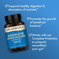 Dr. Mercola Mezcla prebiotica de hongos se presenta en frasco y favorece el crecimiento de bacterias beneficiosas.