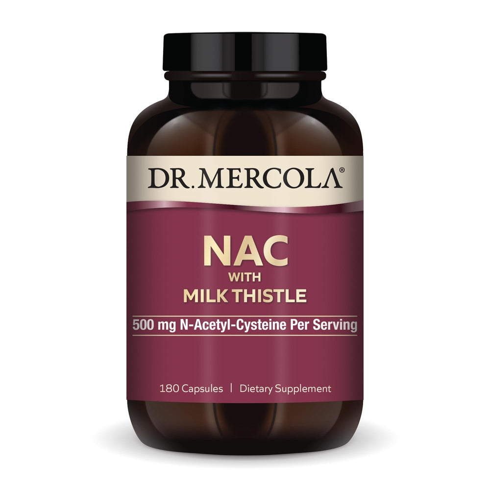 Dr. Mercola NAC with Milk Thistle bottle showing capsules for daily detox support.