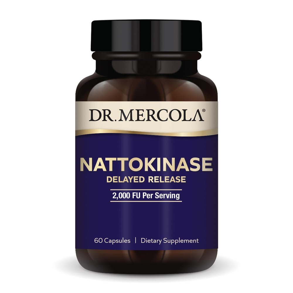 Dr. Mercola nattokinase delayed-release bottle showing capsules for intestinal delivery