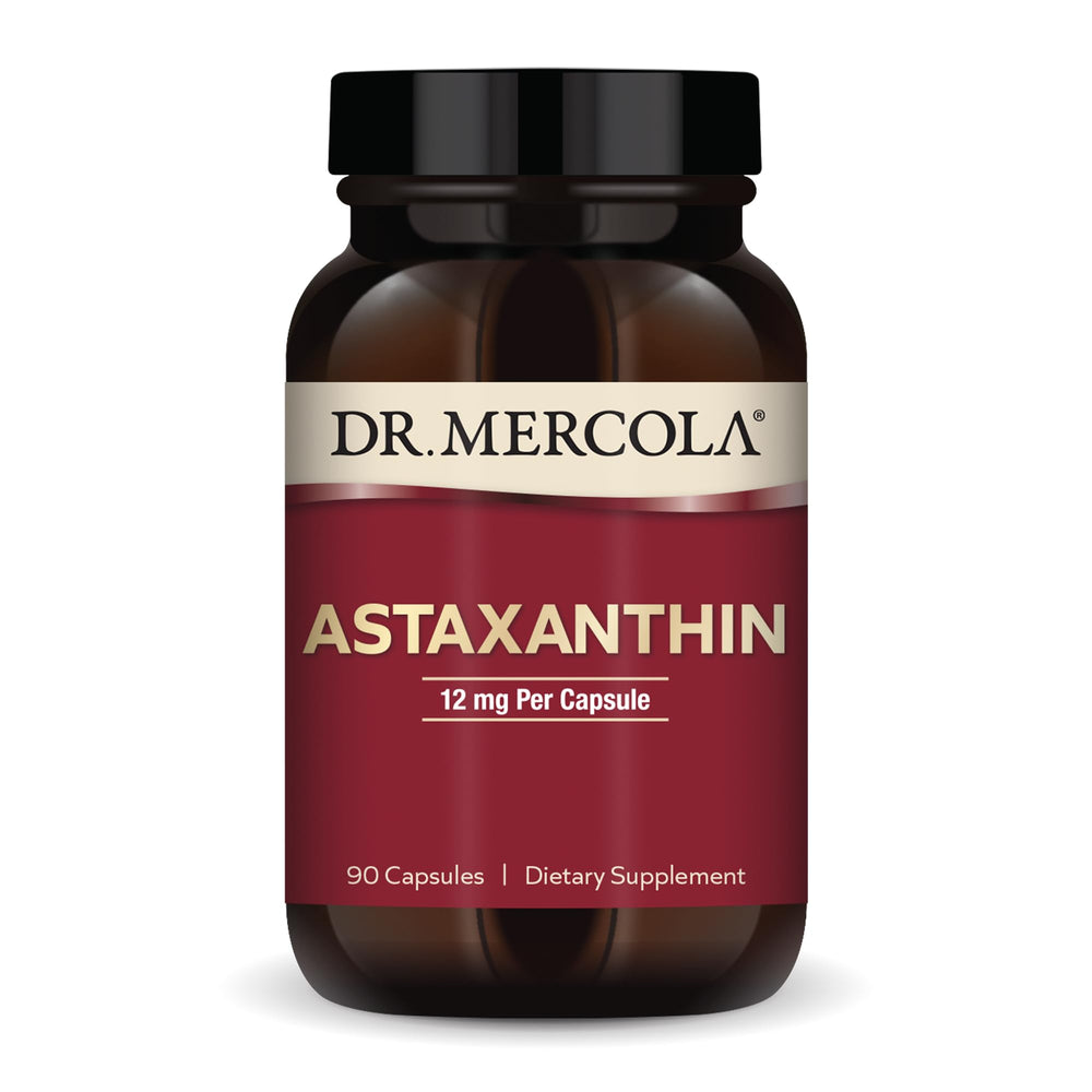 Dr. Mercola Organic Astaxanthin bottle label shows microalgae origin and antioxidant support