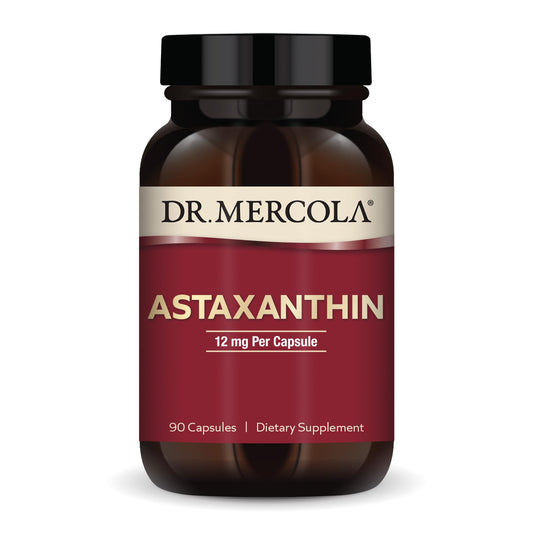 Dr. Mercola Organic Astaxanthin bottle label shows microalgae origin and antioxidant support