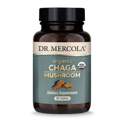 Dr. Mercola Organic Chaga Mushroom bottle with capsules for immune support.