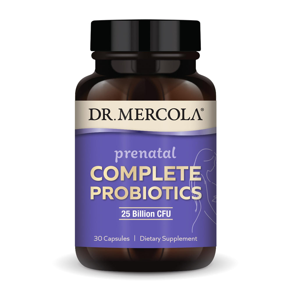 Dr. Mercola Prenatal Complete Probiotics bottle shows 25B CFU for digestive balance.
