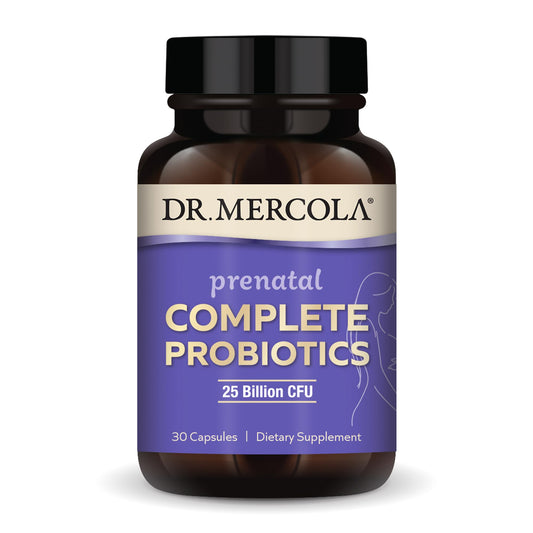 Dr. Mercola Prenatal Complete Probiotics bottle shows 25B CFU for digestive balance.