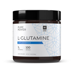 Dr. Mercola Pure Power L-Glutamine jar front shows unflavored powder ready for shakes.