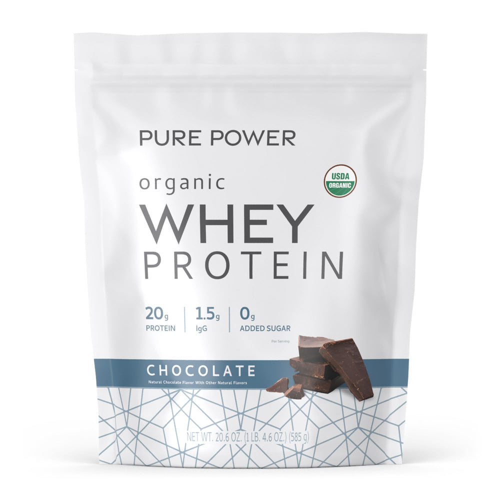 Dr. Mercola Pure Power Organic Whey tub shows 20 g protein per serving for muscle support