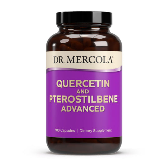 Dr. Mercola Quercetin & Pterostilbene Advanced bottle front highlights high-bioavailability quercetin.