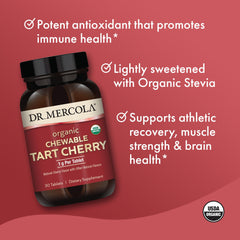 Non-GMO label close-up on Dr. Mercola Tart Cherry packaging.