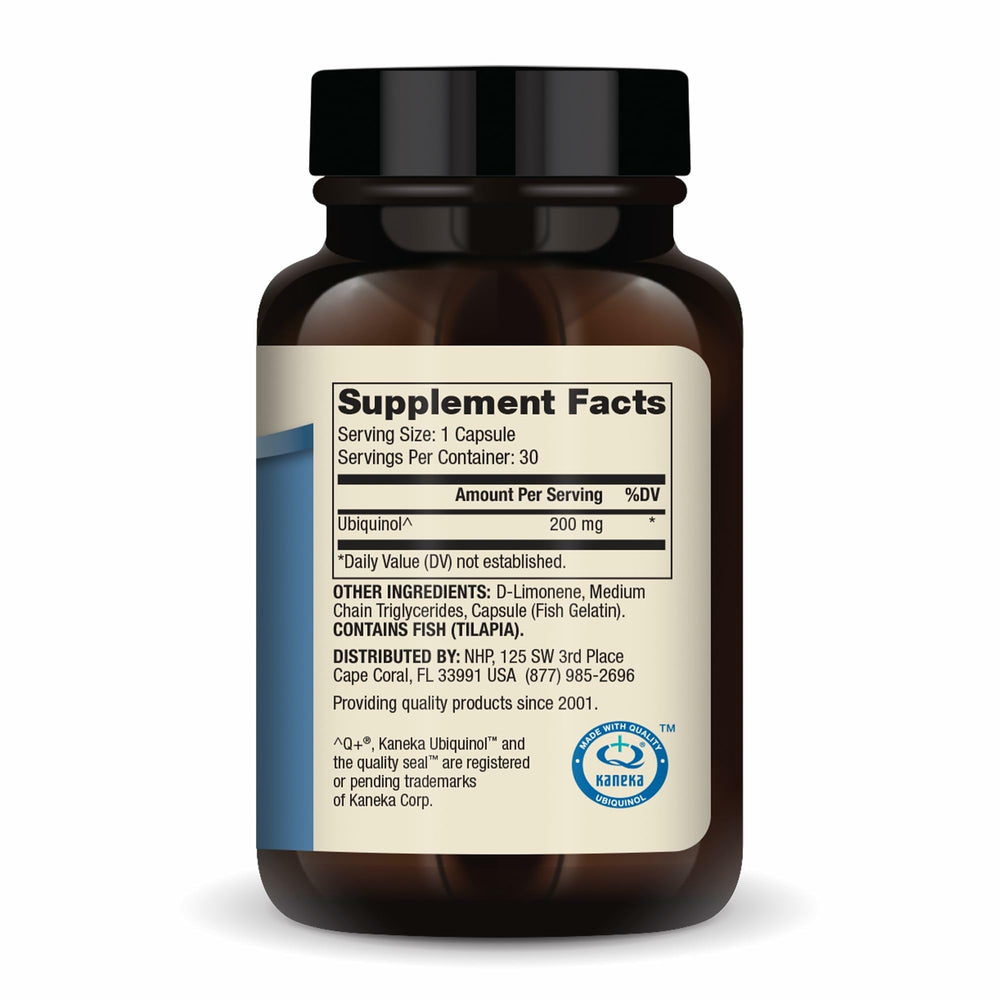 Close-up of Ubiquinol capsules showing high absorption formula.