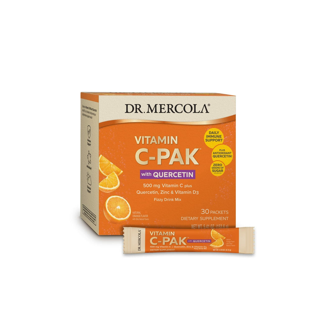 Dr. Mercola Vitamin C-PAK with Quercetin orange effervescent packets dissolve in water for daily immune support.