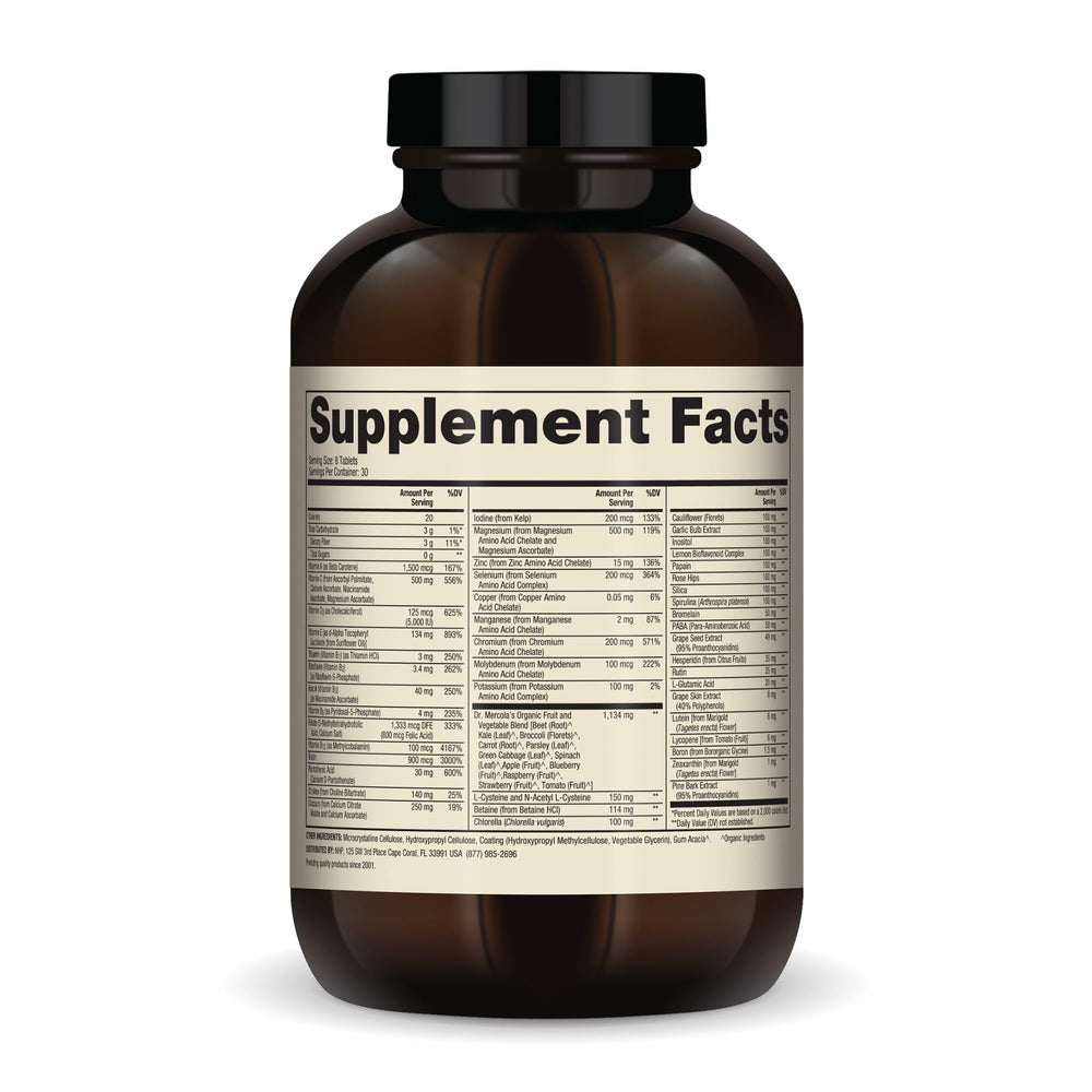 Dr Mercola multivitamin label close-up highlights essential nutrients.