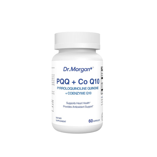 DR.MORGAN PQQ + CoQ10 bottle front view for daily energy support.
