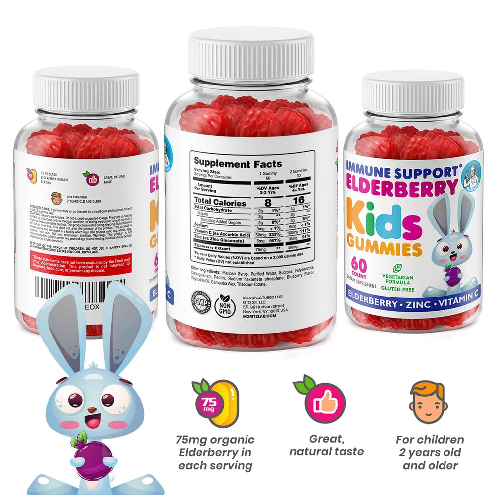 Front-label closeup shows elderberry, vitamin C, zinc for daily immune health